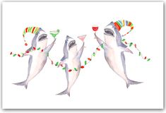 three white sharks wearing christmas hats and holding wine glasses in their mouths with candy canes