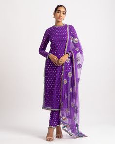 Multi polka hand embroidered kurta and pants with hand-cut mirror net dupatta.From Vvani Vats Rang's collection.DELIVERY TIMEPlease allow 8-12 weeks for your outfit to arrive.FABRIC DETAILSNet, Georgette, Silk BlendProfessional cleaning only. Vani Vats, Embroidery Rose, Georgette Kurta, Purple Embroidery, Blouse Yoke, Georgette Dupatta, A Line Kurta, Purple Hands, Indian Fashion Designers