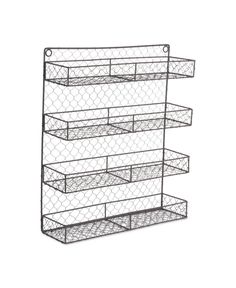 three tiered wire shelf with four bins on each side and two shelves below