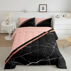 a black and pink bed in a white room