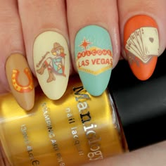 Feeling lucky? There's no need to gamble on cute nails. Our Viva Las Vegas plate brings luck to your fingertips, featuring Vegas-themed full nail, landscape, and accent designs. Go all in with poker hands, slot machines, playing cards, dice, roulette wheels, blazing 7s, and more. With this plate, we're sure you'll hit the jackpot!﻿• GO ALL IN : Bet on this plate and create fascinating nails with Las Vegas themed plate.﻿﻿• ENDLESS CREATIVITY: The nail art possibilities are endless with just one n Horseshoe Nail Art Design, Cute Retro Nail Designs, Fun Nails For Vegas, Las Vegas Manicure Ideas, Funky Neon Nails, Clock Nail Art, Fun Vegas Nails, Las Vegas Nails Designs, Las Vegas Nail Art Ideas