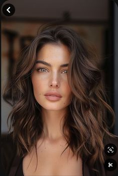 Long Fine Brown Hair With Layers, Dark Brown Hair For Hazel Eyes, Dark Hair Shoulder Length Brunettes, Layered Hair Medium Dark Brown, Modern Brunette Hair Color, Women’s Haircuts Brunette, Brunette Pale Skin Brown Eyes, Liquid Brunette Hair, Fall Hair Colors For Fair Skin Hazel Eyes