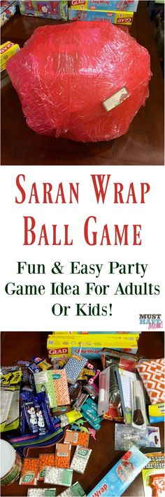 an advertisement for the saran wrap ball game, featuring candy and other items in plastic bags