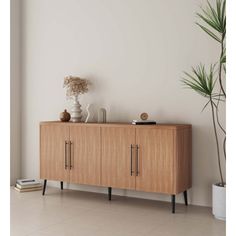 an empty room with a wooden cabinet and potted plant