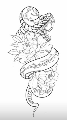 a drawing of a snake with flowers on it's back and the tail curled up