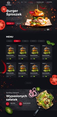 the website design for burgers is shown in red, black and green colors with an image