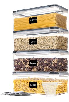 three clear containers with cereal, pasta and other food items in each container on the bottom