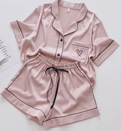 Embroidered Pajamas, Two Piece Sets Summer, Silk Pjs, Satin Nightwear, Silk Pajamas Women, Pyjama Satin, Cute Sleepwear, Cute Pajama Sets