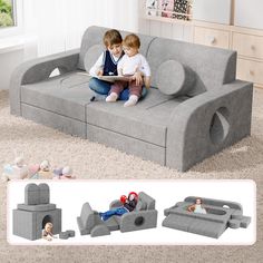 two children are sitting on a couch made out of foam blocks and play with toys