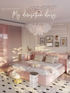 a bedroom with pink and white decor in pastel tones, including a large bed