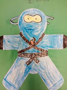 a child's drawing of a blue ninja suit with ropes on his chest and arms