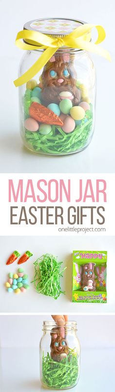 mason jar filled with easter eggs and grass for the kids to make it look like they are