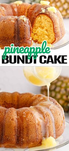 a pineapple bundt cake is being drizzled with icing and served on a plate