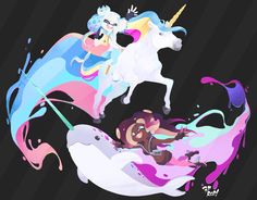 two unicorns are riding on the back of a white horse with pink and blue paint