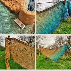 four pictures of different types of crocheted hammock hanging in the grass