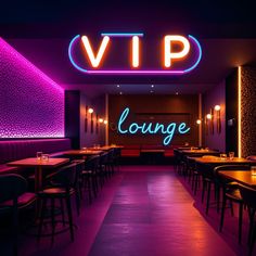 an empty restaurant with purple lighting and neon signs on the wall above it that says, vip lounge