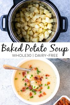 baked potato soup in an instant pot with text overlay