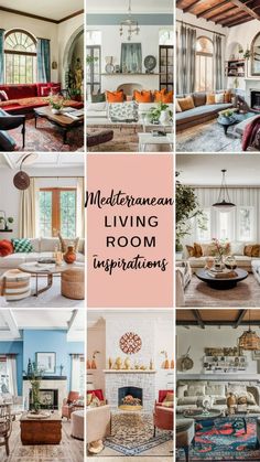 a collage of different living rooms with the words mediterranean living room inspirations above them