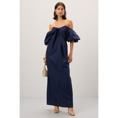 Blue poplin (70% Cotton, 28% Polyester, 2% Elastane). A-line. Short sleeves. Off the shoulder. Back zipper closure. 55" from shoulder to hemline. Imported. Caroline Constas Dress, Blue Pre-draped Dress With Asymmetrical Neckline, Blue Flowy Maxi-length Kaftan, Luxury Blue Pre-draped Maxi Dress, Blue Embellished V-neck Kaftan, Caroline Constas, Navy Dress, Rent The Runway, Closet Designs