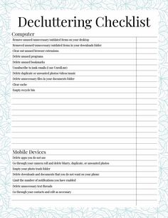 a checklist with the words decluttering checklist written in white and blue