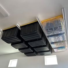 Ceiling Sam Tote Slide Pro Overhead Garage Storage System Cool Storage Ideas, Heavy Duty Storage Bins, Basement Storage Shelves, Home Decor For Small Spaces, Garage Storage Diy, Garage Storage Rack, Garage Ceiling Storage, Bin Rack, Tote Organizer