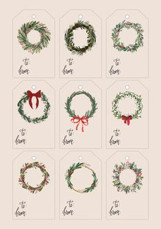 twelve christmas gift tags with bows and holly wreaths