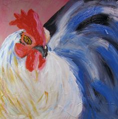 a painting of a rooster with blue and red feathers on it's head, standing in front of a pink background