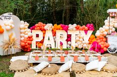 Boho picnic garden party with coral accents, light up letters, balloon garlands, party cart, dried florals and much more. Bright Birthday Decorations, Boho Pink Party, Coral Balloon Garland, Summer Balloon Garland, Sunset Theme Party, Outdoor Party Setup, Boho Picnic Party, Shake Your Palm Palms, Party Letters