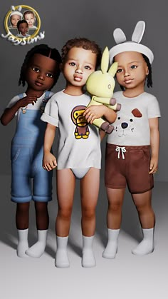 three children are standing next to each other holding a stuffed animal and wearing bunny ears