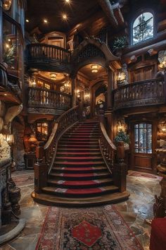 a large staircase in the middle of a room with red carpet and wooden railings