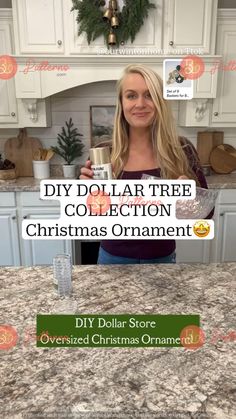 the dollar tree collection christmas ornament is in front of a kitchen counter top