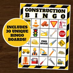 the construction bingo game is on display in front of a wooden table with yellow and black stripes