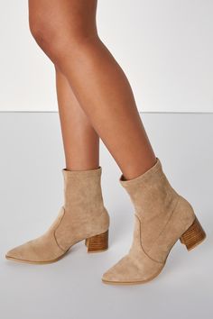 Even when the temperatures start to drop, you'll stay stylish through the changing of seasons with the Lulus Char Mushroom Brown Suede Pointed-Toe Sock Boots! Soft faux suede shapes these chic boots that feature a single sole silhouette and pointed-toe upper that rises to an ankle-high shaft. The sleek slip-on design wouldn't be complete without a cute, wood-look block heel! 2. 25" stacked wood-look block heel. Lightly cushioned insole. Felted rubber sole has nonskid markings. Man made materials Pixie Boots, Mushroom Brown, Chic Boots, Taupe Boots, Simple Fall Outfits, Low Heel Boots, Faux Suede Boots, Brown Suede Boots, Sock Boots