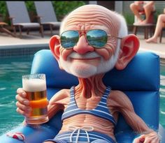 an old man sitting in a pool with a glass of beer