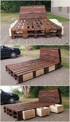 the pallet bed is made out of two different pieces of wood