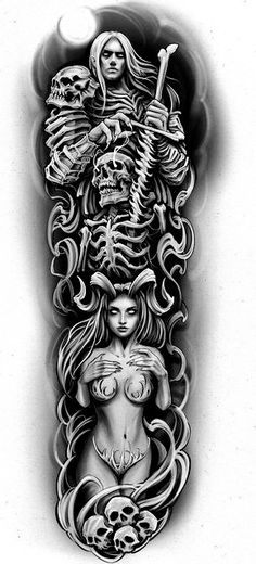 a black and white drawing of a woman with skeleton tattoos