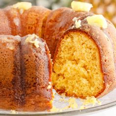 a bundt cake is cut in half and ready to be eaten