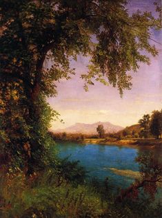 a painting of trees and water with mountains in the background