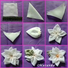 the instructions for how to make an origami flower with satin ribbon and fabric