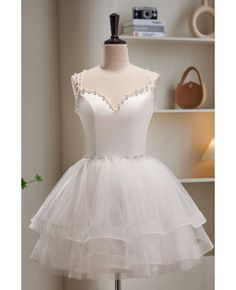 Get 10% off now! Buy pretty white puffy short ballgown homecoming dress with beaded straps at cheap price online. Free stable shipping and pro custom service since 2009. Quince Damas Dresses, Layered Prom Dress, Damas Dresses, Backless Homecoming Dresses, Short Graduation Dresses, Fall Bridesmaid Dresses, Tulle Homecoming Dress, Classy Prom Dresses, Bright Wedding