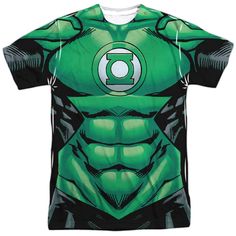 a green lantern shirt with the letter o on it, and an image of a man's chest