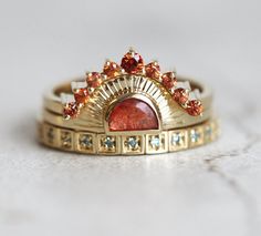 Sunset Ring, Sun Wedding, Bohemian Style Rings, Boho Engagement Ring, Sunstone Ring, Unique Engagement Ring, Diamond Ring Settings, Orange Sapphire