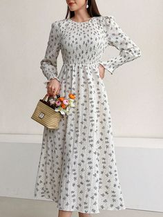 Women's Plant Printed Shirred Long Sleeve Dress Apricot Boho  Long Sleeve Fabric Ditsy Floral,All Over Print A Line Non-Stretch  Women Clothing, size features are:Bust: ,Length: ,Sleeve Length: Western Dress, Grey Colour Suit, Long Sleeve Print Dress, Plant Print, Women Long Dresses, Western Dresses, Long Dresses, Ditsy Floral, Kids Beachwear