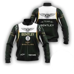 a green and white jacket with the name bentley on it's chest, in front of a white background