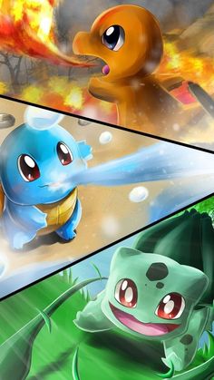 three different pictures of pokemon characters