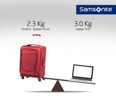 a red piece of luggage is balancing on a scale with the same height as a laptop