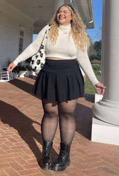 Cute Concert Outfits For Plus Size, Midsize Plus Size Fashion, Plus Size Date Outfit Winter, K Pop Concert Outfit Ideas Plus Size, Plus Size Skirt And Tights Outfit, Platform Boots Plus Size Outfit, Winter Concert Outfit Plus Size, Outfit Inspo For Curvy Women, Dark Feminine Aesthetic Outfits Plus Size