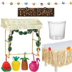 there is a tiki bar set up with tropical decorations