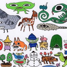 an image of cartoon animals and monsters in the same drawing style as they are drawn on paper