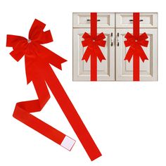 a red ribbon tied to the side of a white door next to a pair of doors